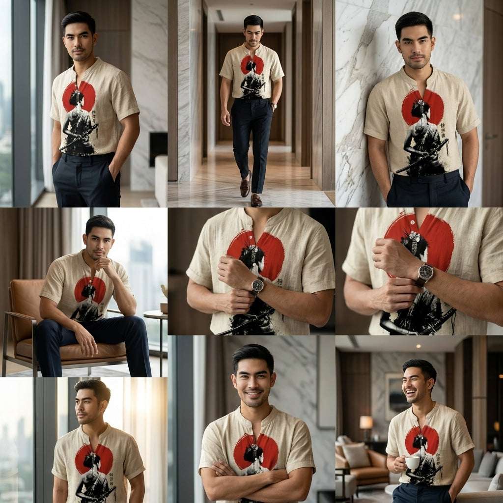 The Bamboo-Zen Anime Edition Premium Unisex Bamboo-Linen V-Neck Shirt - High-Definition Anime Feline Character Print Ultra-Breathable Eco-Fiber Blend Spring Summer Casual Button-Down Apparel Thai Blessing Co By RURUECHA