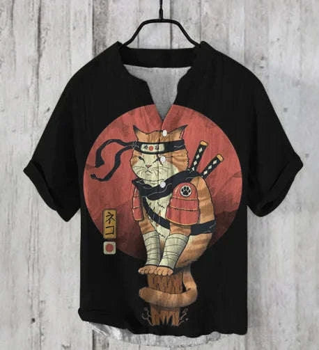 The Bamboo-Zen Anime Edition Premium Unisex Bamboo-Linen V-Neck Shirt - High-Definition Anime Feline Character Print Ultra-Breathable Eco-Fiber Blend Spring Summer Casual Button-Down Apparel