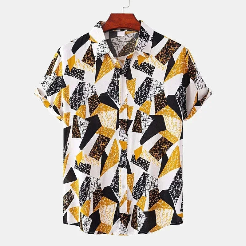 🎨 The Chromatic Patchwork Aloha Masterpiece: Premium Men's Vintage-Style Hawaiian Shirt – High-Definition Colorful Geometric Print, Breathable Short-Sleeve Button-Down, and Signature Loose-Fit Silhouette