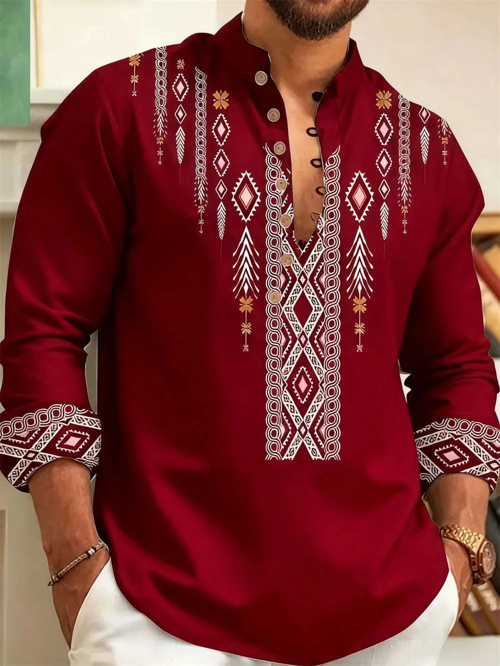 🎨 The Ethnic Floral Artisan: Premium Men’s Modern Long-Sleeve Shirt – High-Definition Tribal Botanical Graphic Print, Sophisticated Modern-Fit Tailoring, and Breathable All-Season Casual Button-Down ZW7803