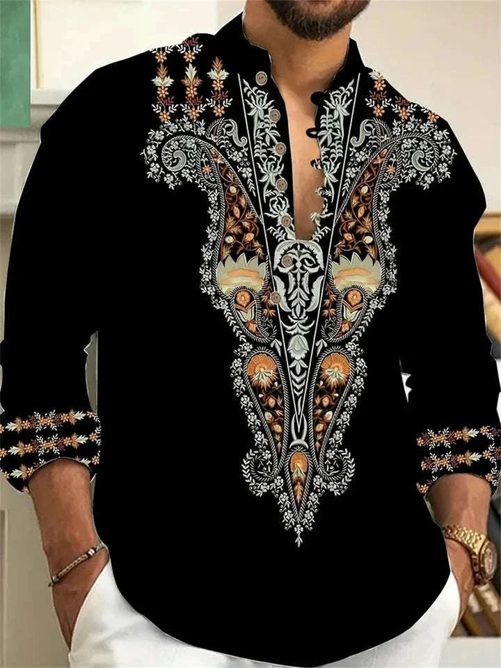 🎨 The Ethnic Floral Artisan: Premium Men’s Modern Long-Sleeve Shirt – High-Definition Tribal Botanical Graphic Print, Sophisticated Modern-Fit Tailoring, and Breathable All-Season Casual Button-Down