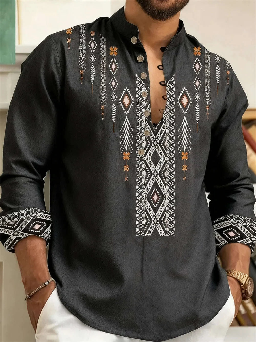 🎨 The Ethnic Floral Artisan: Premium Men’s Modern Long-Sleeve Shirt – High-Definition Tribal Botanical Graphic Print, Sophisticated Modern-Fit Tailoring, and Breathable All-Season Casual Button-Down ZW7805