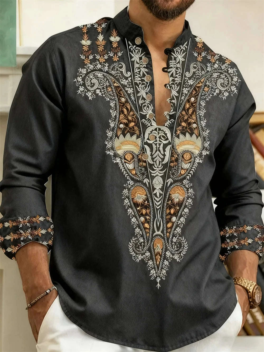🎨 The Ethnic Floral Artisan: Premium Men’s Modern Long-Sleeve Shirt – High-Definition Tribal Botanical Graphic Print, Sophisticated Modern-Fit Tailoring, and Breathable All-Season Casual Button-Down ZW7810