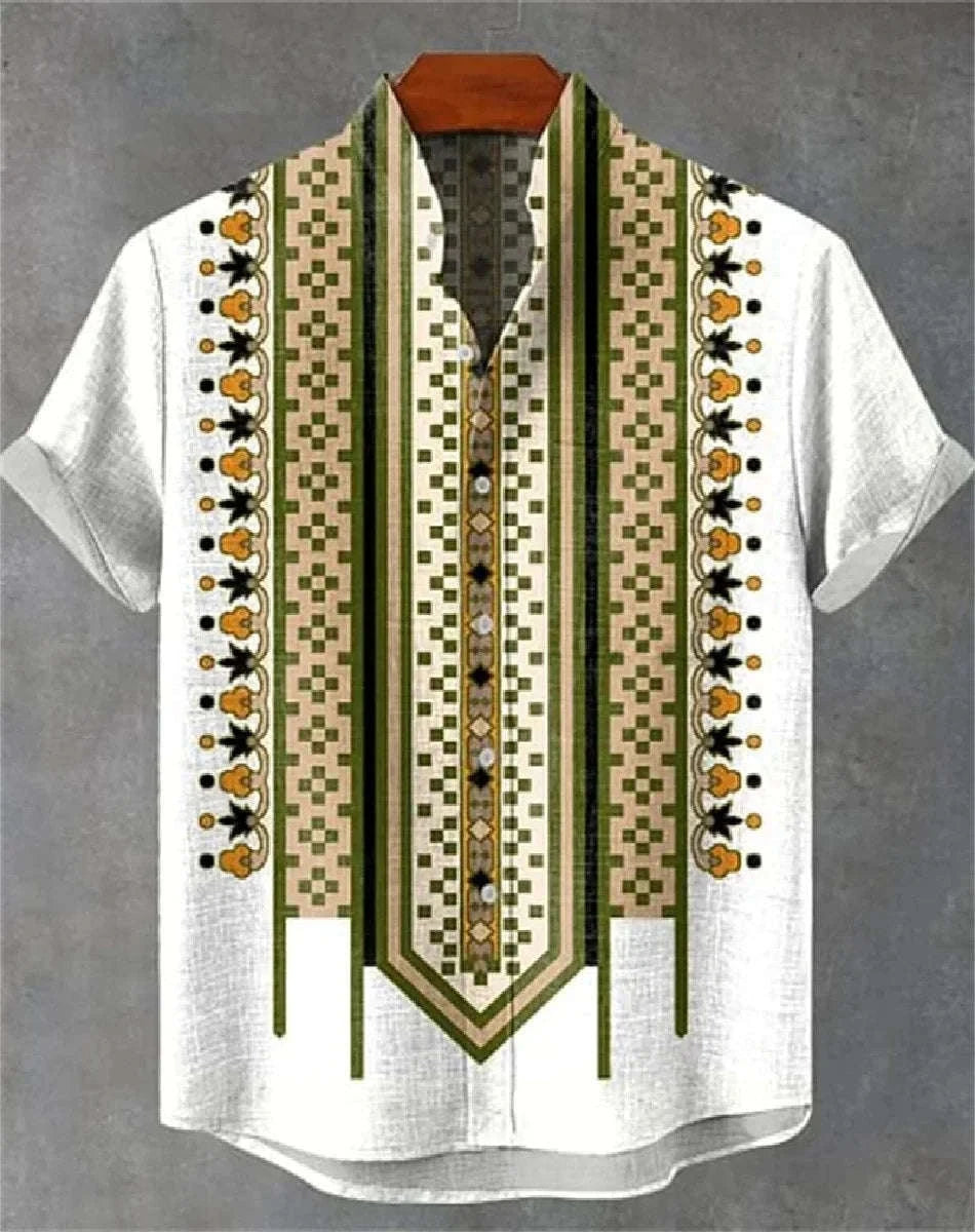 🌍 The Ethnic Heritage Edition: Premium Men’s Retro Linen Shirt – High-Definition Tribal Graphic Print, Breathable Organic Cotton-Linen Blend, and Sophisticated Modern-Fit Holiday Streetwear bkcs9
