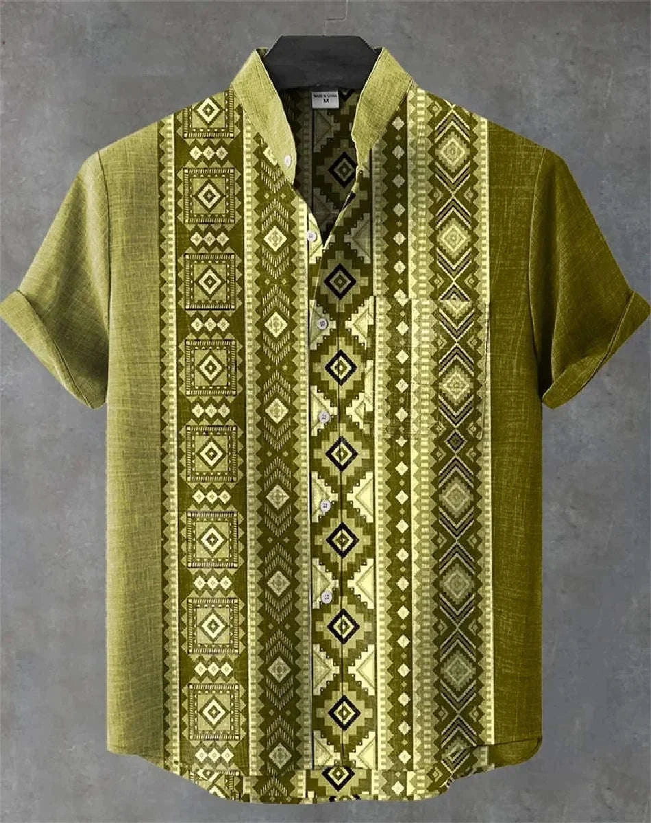 🌍 The Ethnic Heritage Edition: Premium Men’s Retro Linen Shirt – High-Definition Tribal Graphic Print, Breathable Organic Cotton-Linen Blend, and Sophisticated Modern-Fit Holiday Streetwear bkcs6
