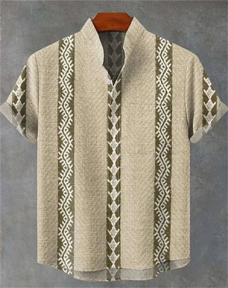 🌍 The Ethnic Heritage Edition: Premium Men’s Retro Linen Shirt – High-Definition Tribal Graphic Print, Breathable Organic Cotton-Linen Blend, and Sophisticated Modern-Fit Holiday Streetwear