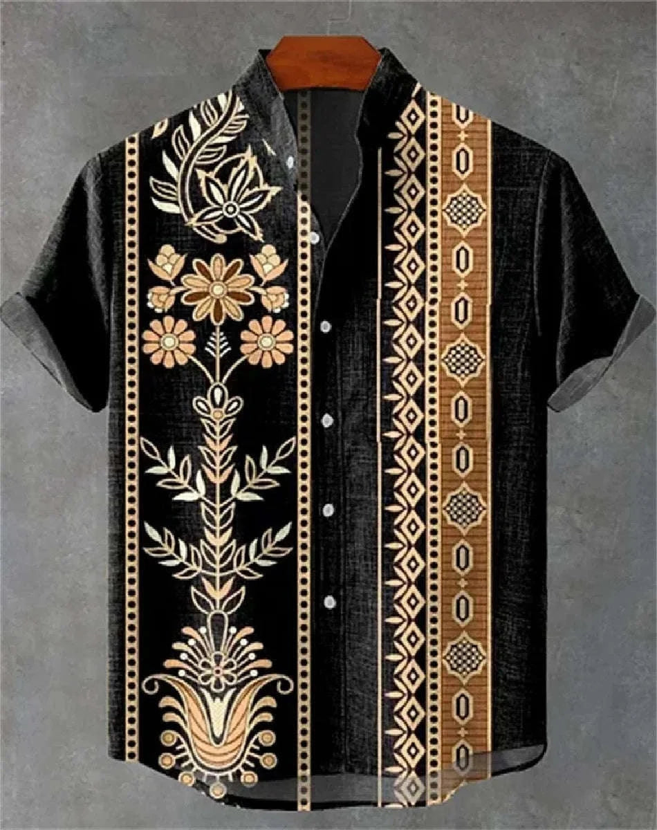 🌍 The Ethnic Heritage Edition: Premium Men’s Retro Linen Shirt – High-Definition Tribal Graphic Print, Breathable Organic Cotton-Linen Blend, and Sophisticated Modern-Fit Holiday Streetwear bkcs7
