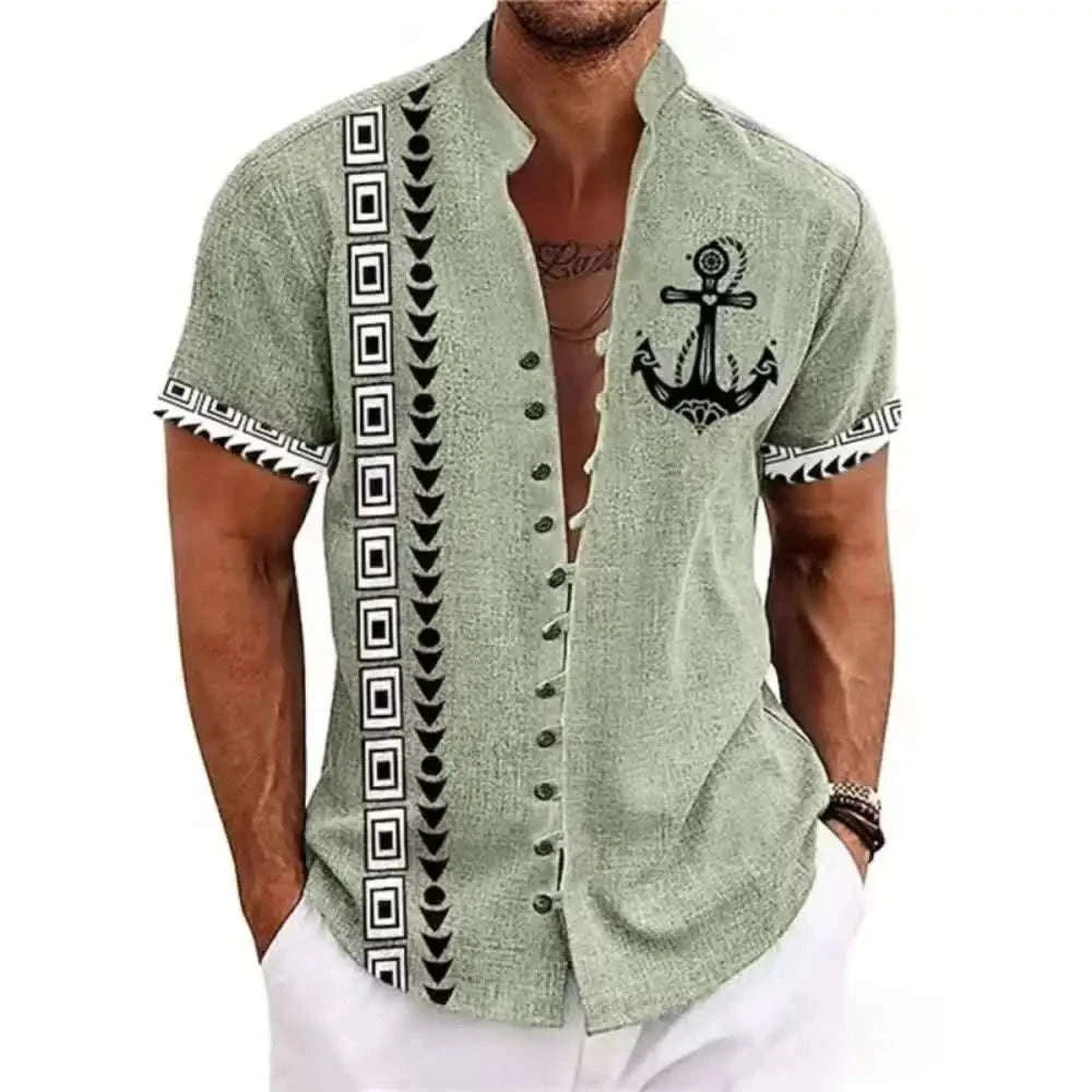 🗿 The Ethnic Totem Edition: Premium Men’s Modern-Retro Linen Shirt – High-Definition Tribal Totem Graphic Print, Breathable Organic Cotton-Linen Blend, and Sophisticated Urban-Casual Short-Sleeve bkcs10