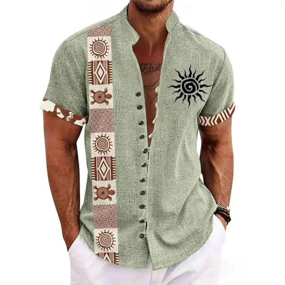 🗿 The Ethnic Totem Edition: Premium Men’s Modern-Retro Linen Shirt – High-Definition Tribal Totem Graphic Print, Breathable Organic Cotton-Linen Blend, and Sophisticated Urban-Casual Short-Sleeve