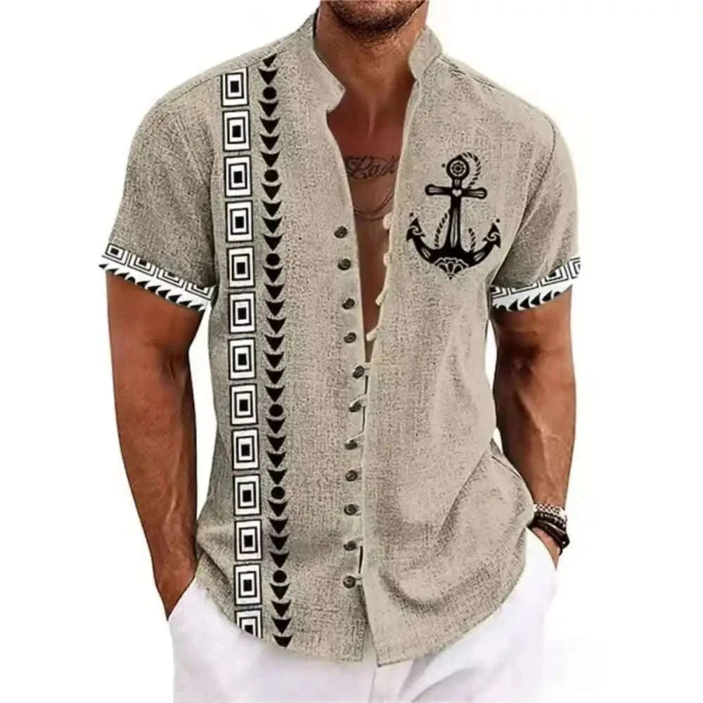 🗿 The Ethnic Totem Edition: Premium Men’s Modern-Retro Linen Shirt – High-Definition Tribal Totem Graphic Print, Breathable Organic Cotton-Linen Blend, and Sophisticated Urban-Casual Short-Sleeve bkcs12