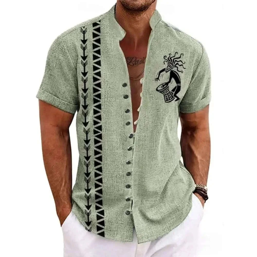 🗿 The Ethnic Totem Edition: Premium Men’s Modern-Retro Linen Shirt – High-Definition Tribal Totem Graphic Print, Breathable Organic Cotton-Linen Blend, and Sophisticated Urban-Casual Short-Sleeve bkcs6