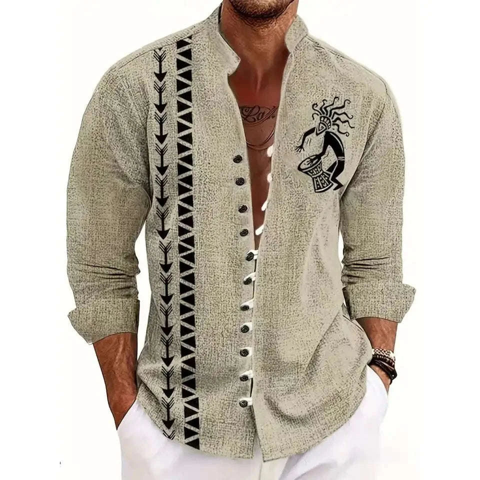 🗿 The Ethnic Totem Edition: Premium Men’s Modern-Retro Linen Shirt – High-Definition Tribal Totem Graphic Print, Breathable Organic Cotton-Linen Blend, and Sophisticated Urban-Casual Short-Sleeve