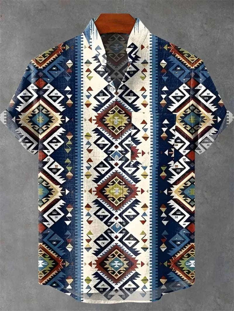🌿 The Ethno-Heritage 80% Organic Linen Shirt: Premium Men's Short-Sleeve Vintage Top – High-Definition Ethnic Graphic Print, Ultra-Breathable Sustainable Fabric, and Sophisticated Urban Street Silhouette XZ266