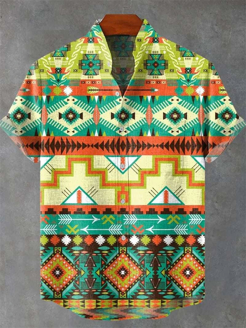 🌿 The Ethno-Heritage 80% Organic Linen Shirt: Premium Men's Short-Sleeve Vintage Top – High-Definition Ethnic Graphic Print, Ultra-Breathable Sustainable Fabric, and Sophisticated Urban Street Silhouette XZ2614