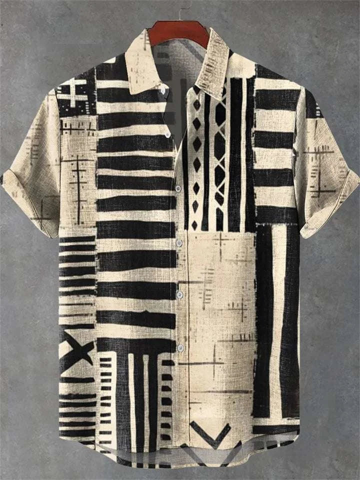 🌿 The Ethno-Heritage 80% Organic Linen Shirt: Premium Men's Short-Sleeve Vintage Top – High-Definition Ethnic Graphic Print, Ultra-Breathable Sustainable Fabric, and Sophisticated Urban Street Silhouette