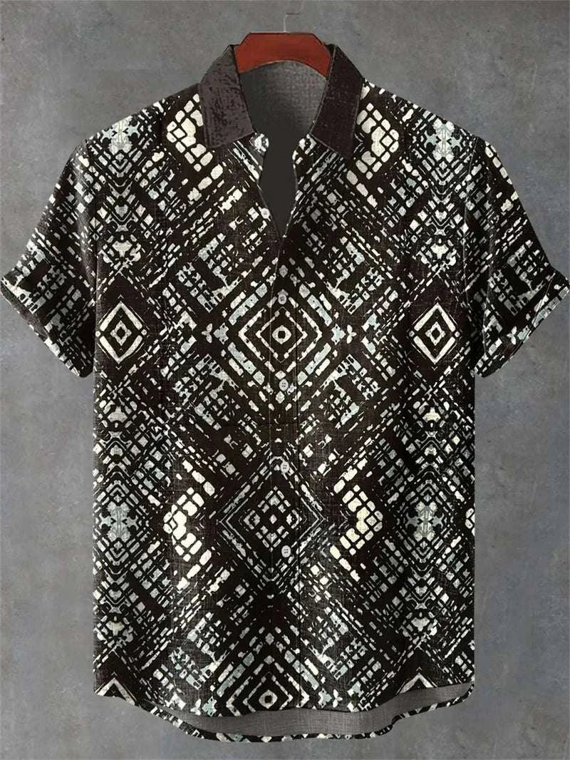 🌿 The Ethno-Heritage 80% Organic Linen Shirt: Premium Men's Short-Sleeve Vintage Top – High-Definition Ethnic Graphic Print, Ultra-Breathable Sustainable Fabric, and Sophisticated Urban Street Silhouette XZ267