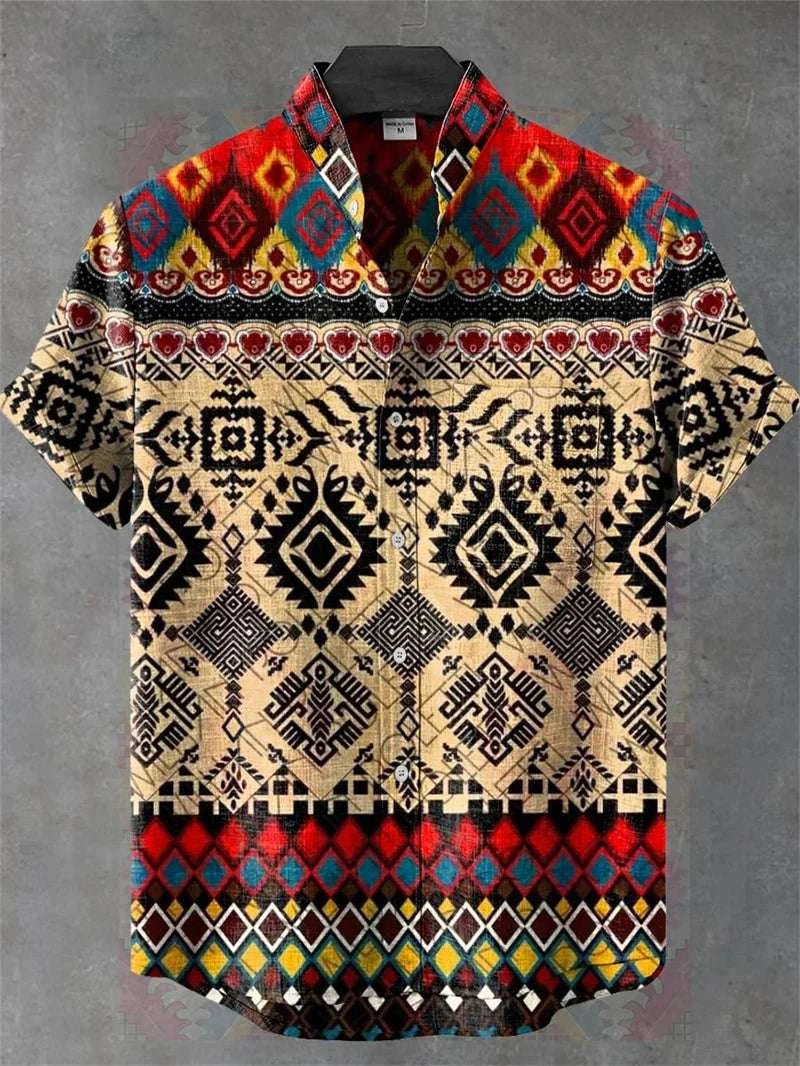 🌿 The Ethno-Heritage 80% Organic Linen Shirt: Premium Men's Short-Sleeve Vintage Top – High-Definition Ethnic Graphic Print, Ultra-Breathable Sustainable Fabric, and Sophisticated Urban Street Silhouette XZ2612