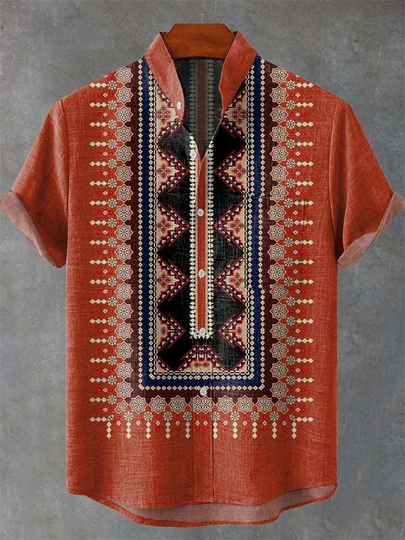 🌿 The Ethno-Heritage 80% Organic Linen Shirt: Premium Men's Short-Sleeve Vintage Top – High-Definition Ethnic Graphic Print, Ultra-Breathable Sustainable Fabric, and Sophisticated Urban Street Silhouette XZ264