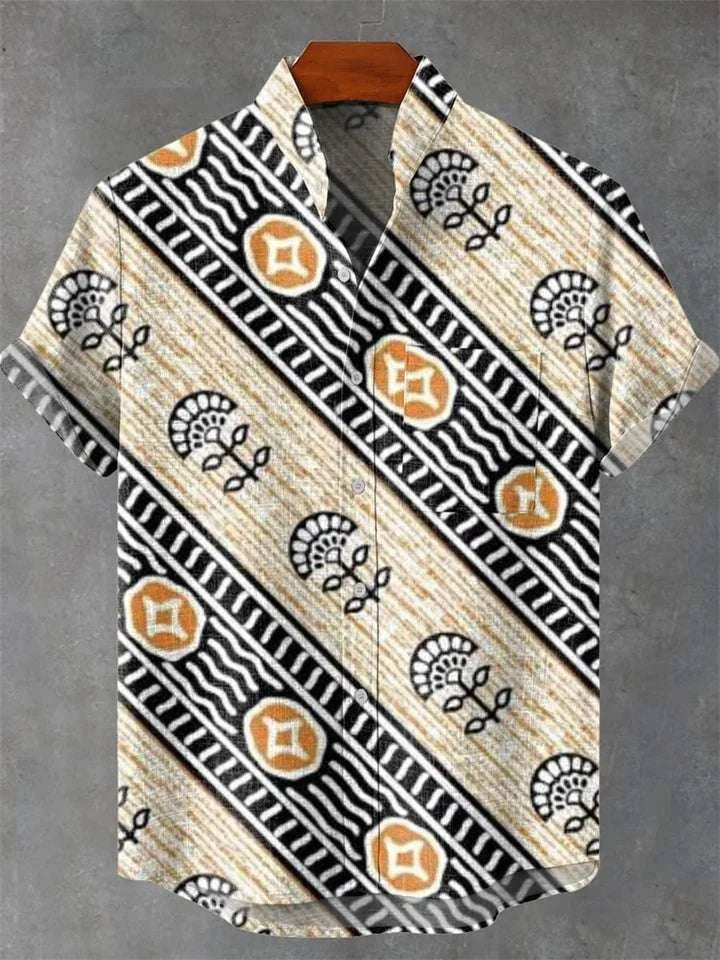 🌿 The Ethno-Heritage 80% Organic Linen Shirt: Premium Men's Short-Sleeve Vintage Top – High-Definition Ethnic Graphic Print, Ultra-Breathable Sustainable Fabric, and Sophisticated Urban Street Silhouette