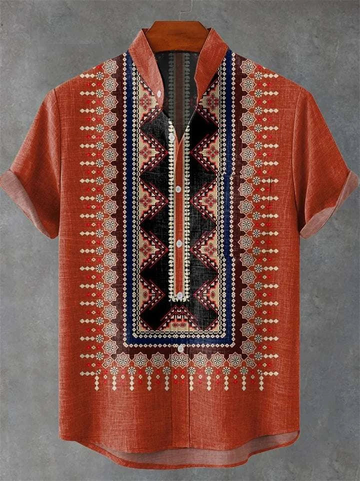 🌿 The Ethno-Heritage 80% Organic Linen Shirt: Premium Men's Short-Sleeve Vintage Top – High-Definition Ethnic Graphic Print, Ultra-Breathable Sustainable Fabric, and Sophisticated Urban Street Silhouette
