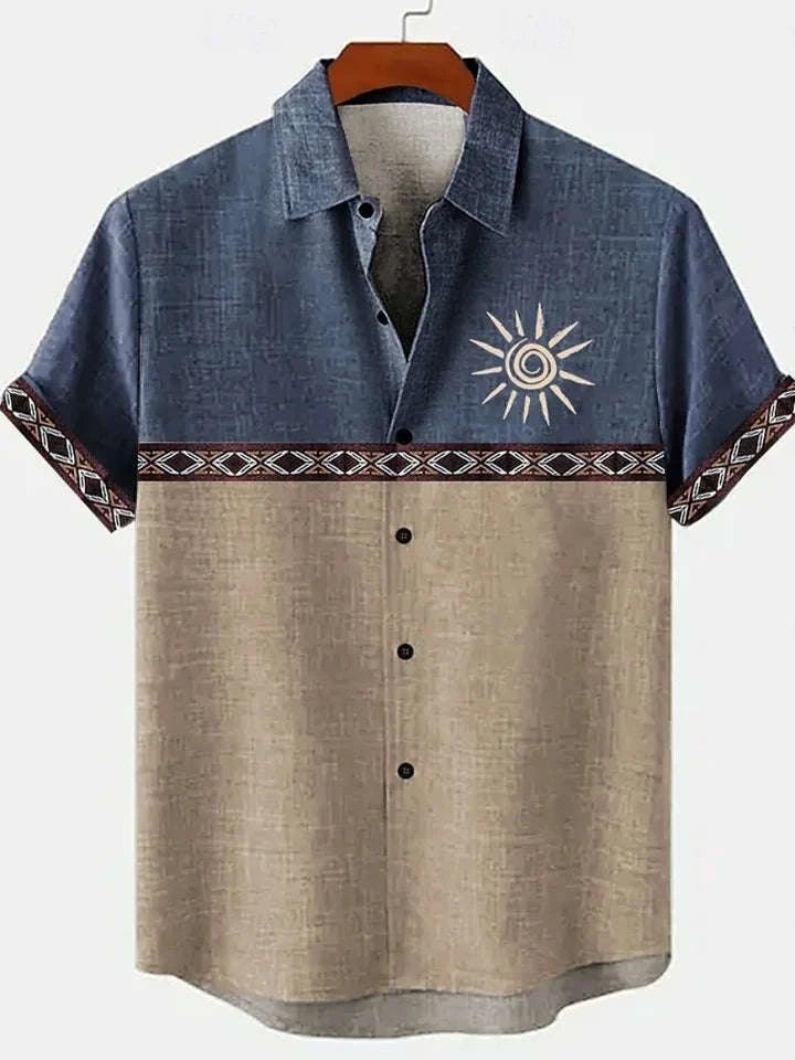 🌍 The Ethno-Vintage Heritage Shirt: Premium Men’s Organic Linen Hawaiian Top – High-Definition Tribal Artistic Print, Breathable Short-Sleeve Casual Button-Down, and Sophisticated Street-Style Silhouette