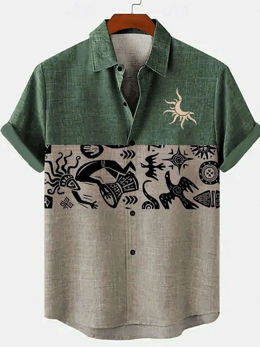 🌍 The Ethno-Vintage Heritage Shirt: Premium Men’s Organic Linen Hawaiian Top – High-Definition Tribal Artistic Print, Breathable Short-Sleeve Casual Button-Down, and Sophisticated Street-Style Silhouette ZT251
