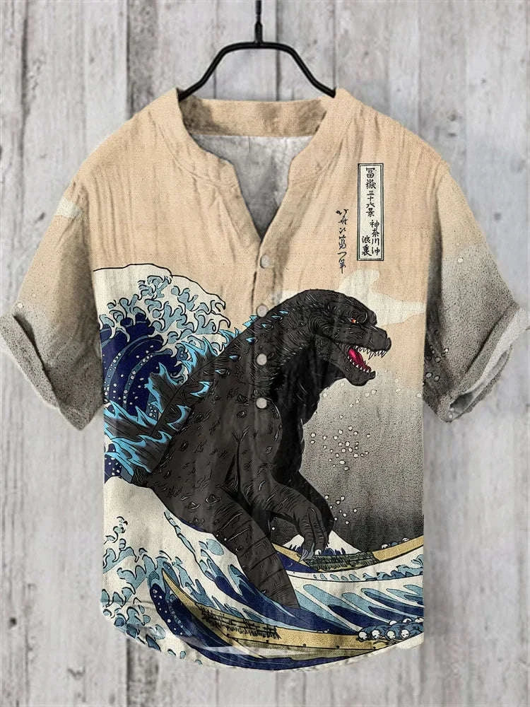 🌊 The Euro-Wave Heritage: Premium Men’s Summer Shirt – High-Definition Euro-American Wave Graphic Print, Modern Mandarin Standing Collar, and Sophisticated Urban-Resort Short-Sleeve Button-Down ZX15