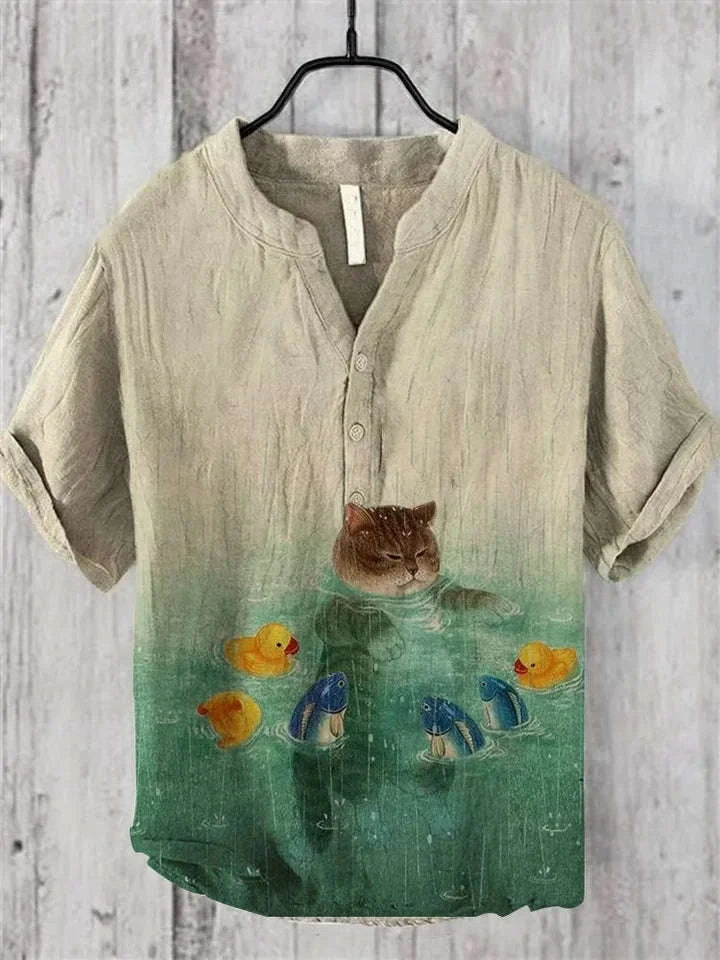 🌊 The Euro-Wave Heritage: Premium Men’s Summer Shirt – High-Definition Euro-American Wave Graphic Print, Modern Mandarin Standing Collar, and Sophisticated Urban-Resort Short-Sleeve Button-Down