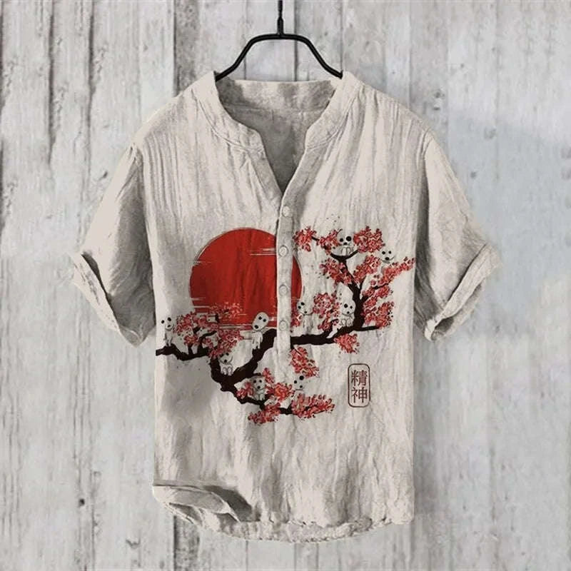 🌊 The Euro-Wave Heritage: Premium Men’s Summer Shirt – High-Definition Euro-American Wave Graphic Print, Modern Mandarin Standing Collar, and Sophisticated Urban-Resort Short-Sleeve Button-Down ZX10