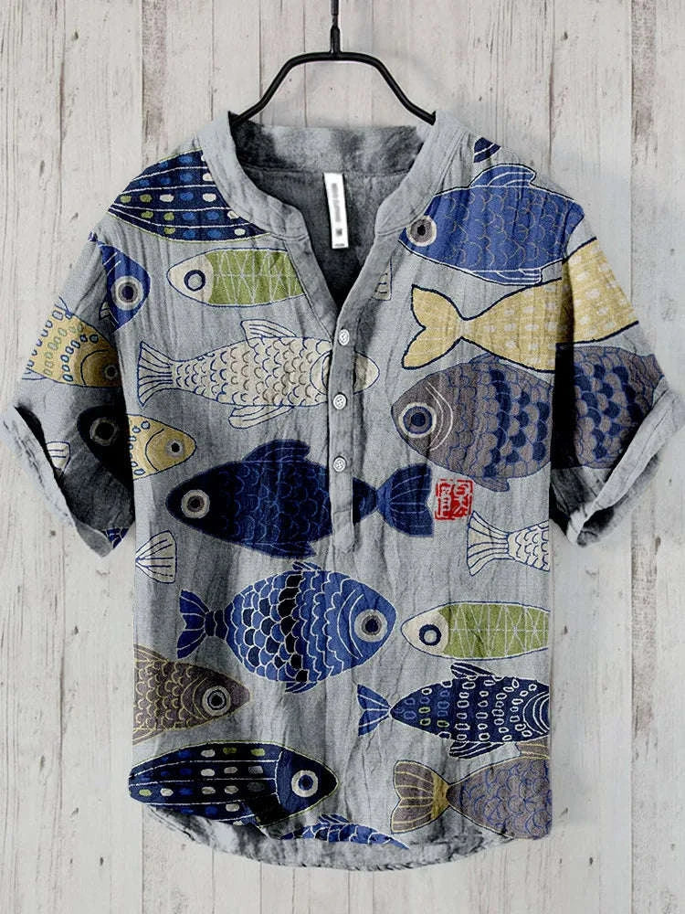 🌊 The Euro-Wave Heritage: Premium Men’s Summer Shirt – High-Definition Euro-American Wave Graphic Print, Modern Mandarin Standing Collar, and Sophisticated Urban-Resort Short-Sleeve Button-Down