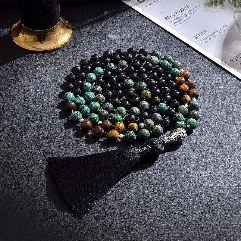 🌿 The "Evolution" 108 Mala: African Turquoise, Tiger Eye & Onyx Knotted Meditation Necklace