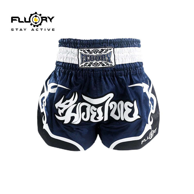 🏮 The FLUORY Elite Strike: Professional Muay Thai & Kickboxing Shorts – High-Performance Satin MMA Trunks for Competition and Combat Training, Unisex Design for Men, Women, and Kids (Dark blue Muay Thai shorts)