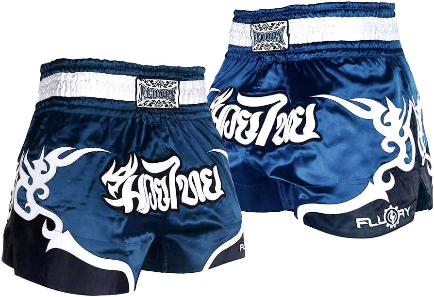 🏮 The FLUORY Elite Strike: Professional Muay Thai & Kickboxing Shorts – High-Performance Satin MMA Trunks for Competition and Combat Training, Unisex Design for Men, Women, and Kids (Dark blue Muay Thai shorts)