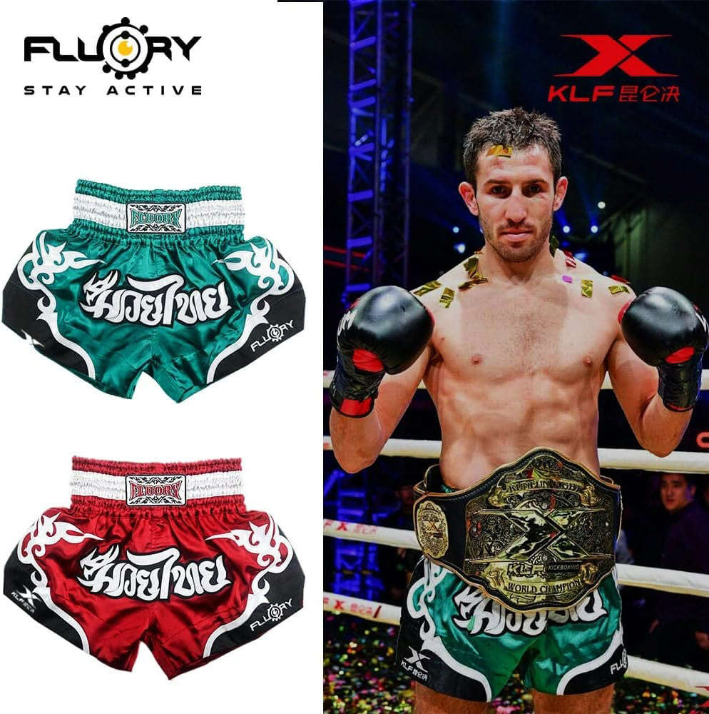 🏮 The FLUORY Elite Strike: Professional Muay Thai & Kickboxing Shorts – High-Performance Satin MMA Trunks for Competition and Combat Training, Unisex Design for Men, Women, and Kids (Green Muay Thai shorts)