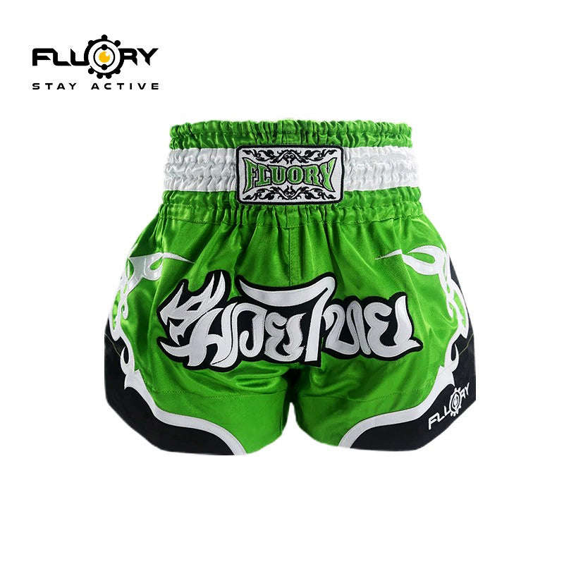 🏮 The FLUORY Elite Strike: Professional Muay Thai & Kickboxing Shorts – High-Performance Satin MMA Trunks for Competition and Combat Training, Unisex Design for Men, Women, and Kids (Light green Muay Thai shorts)