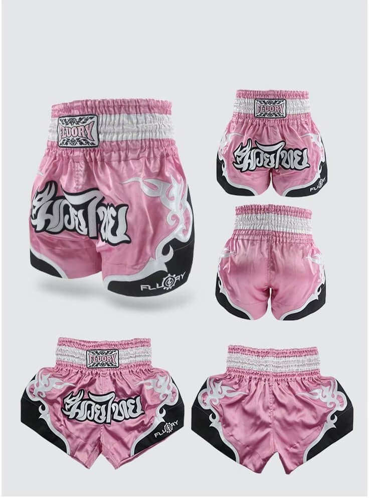 🏮 The FLUORY Elite Strike: Professional Muay Thai & Kickboxing Shorts – High-Performance Satin MMA Trunks for Competition and Combat Training, Unisex Design for Men, Women, and Kids (Pink Muay Thai shorts)