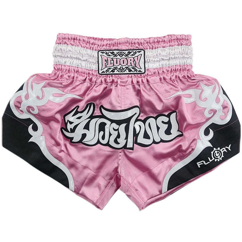 🏮 The FLUORY Elite Strike: Professional Muay Thai & Kickboxing Shorts – High-Performance Satin MMA Trunks for Competition and Combat Training, Unisex Design for Men, Women, and Kids (Pink Muay Thai shorts)