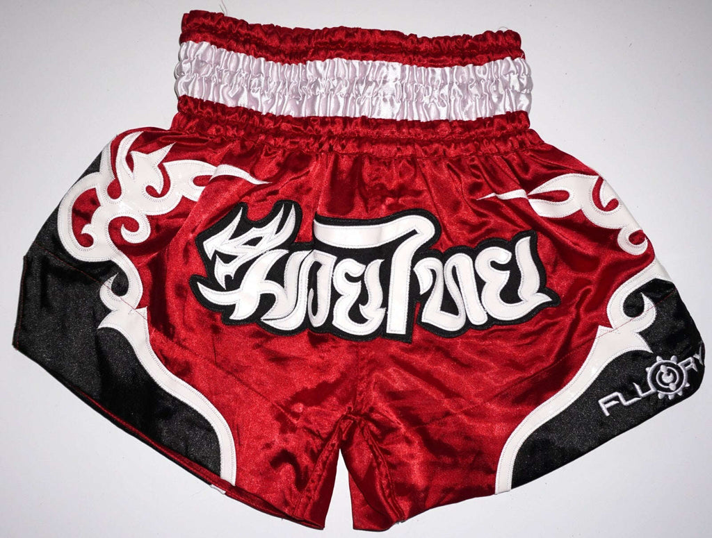 🏮 The FLUORY Elite Strike: Professional Muay Thai & Kickboxing Shorts – High-Performance Satin MMA Trunks for Competition and Combat Training, Unisex Design for Men, Women, and Kids (Red Muay Thai shorts)