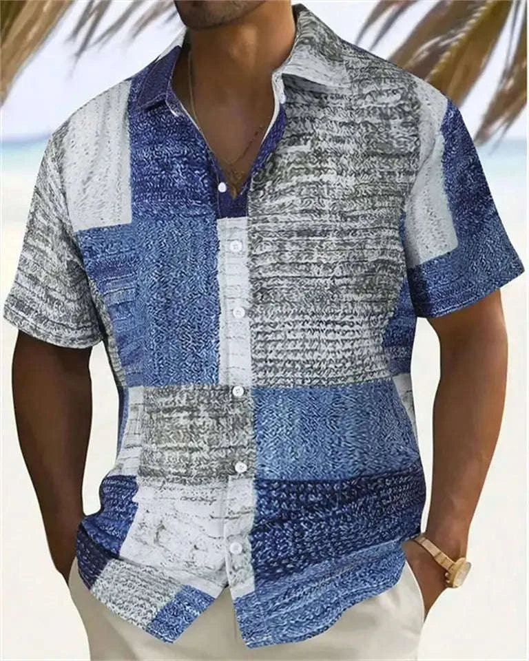 🎨 The Geometric 3D Block Masterpiece: Premium Men's Color-Block Hawaiian Shirt – High-Definition Digital Print, Breathable Short-Sleeve Button-Down, and Inclusive Oversized Silhouette (Up to 5XL)