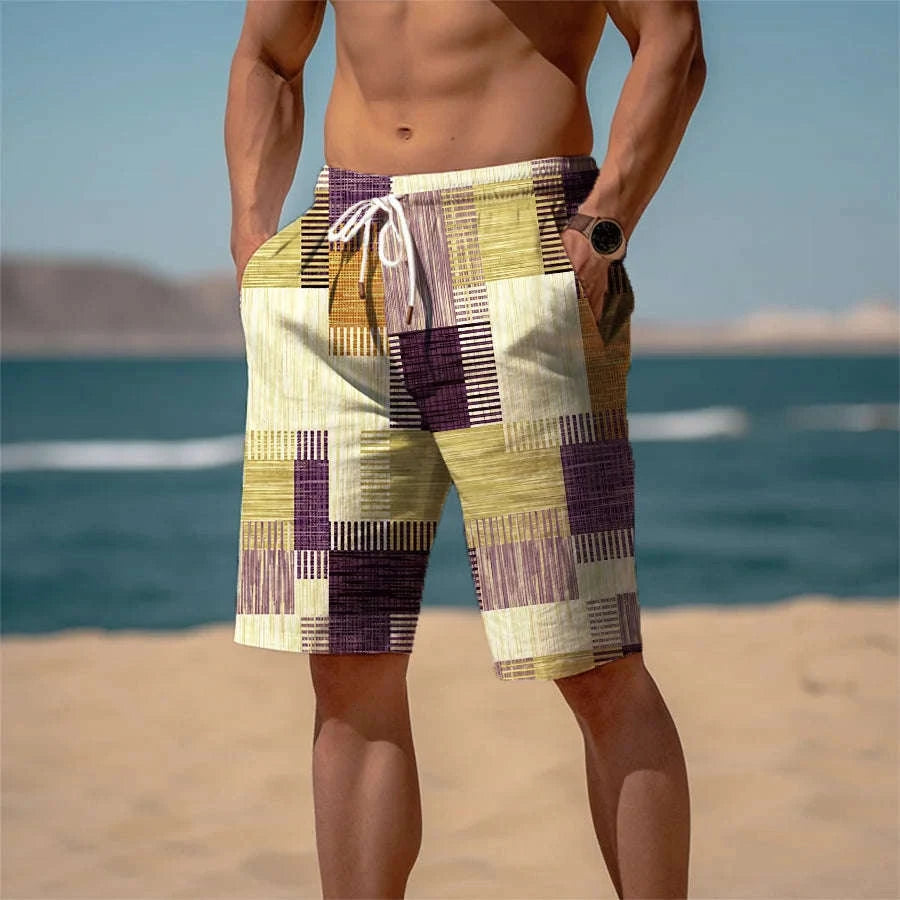 🏁 The Geometric Terry-Luxe Masterpiece: Premium Men's 3D Plaid Graphic Shorts – High-Definition Digital Print, Ultra-Soft Breathable Terry Fabric, and Mid-Rise Elastic Drawstring Waist (Daily & Beach Ready) DK2024TGBA032