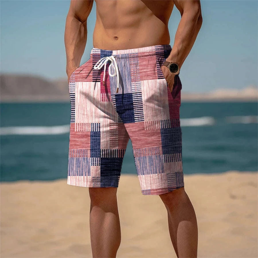 🏁 The Geometric Terry-Luxe Masterpiece: Premium Men's 3D Plaid Graphic Shorts – High-Definition Digital Print, Ultra-Soft Breathable Terry Fabric, and Mid-Rise Elastic Drawstring Waist (Daily & Beach Ready)