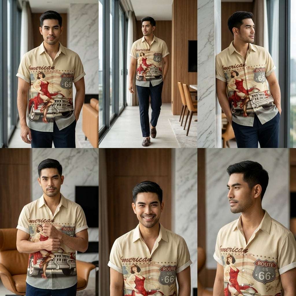 The Golden Era Edition Premium Men's 1970s-1980s Retro Pin-Up Hawaiian Shirt - High-Definition Vintage Poster Graphic Muscle Car Trousers Accent Shirt, Breathable Harajuku Streetwear Urban-Holiday Short-Sleeve Apparel Thai Blessing Co By