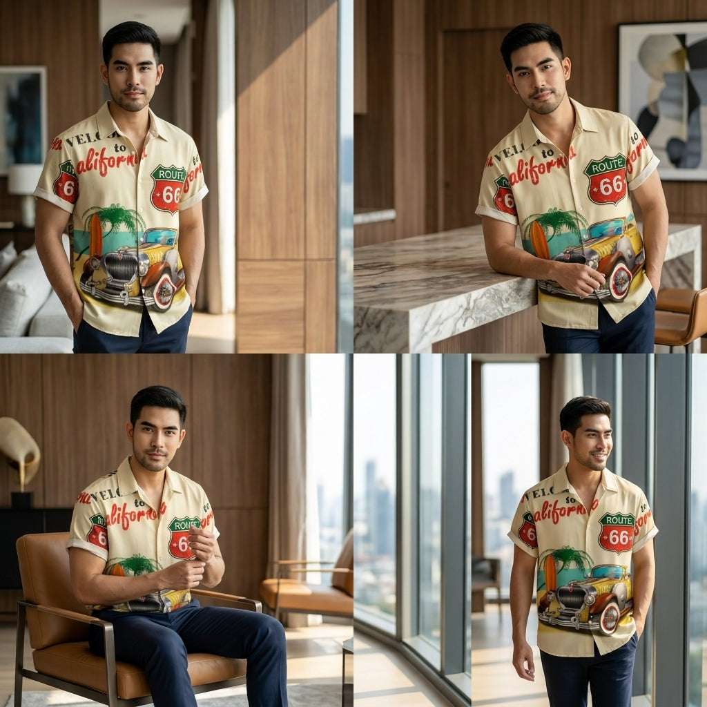 The Golden Era Edition Premium Men's 1970s-1980s Retro Pin-Up Hawaiian Shirt - High-Definition Vintage Poster Graphic Muscle Car Trousers Accent Shirt, Breathable Harajuku Streetwear Urban-Holiday Short-Sleeve Apparel Thai Blessing Co By