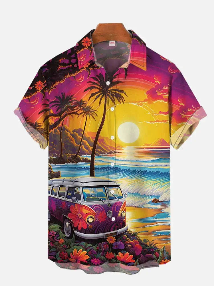 The Golden Era Edition Premium Men's 1970s-1980s Retro Pin-Up Hawaiian Shirt - High-Definition Vintage Poster Graphic Muscle Car Trousers Accent Shirt, Breathable Harajuku Streetwear Urban-Holiday Short-Sleeve Apparel
