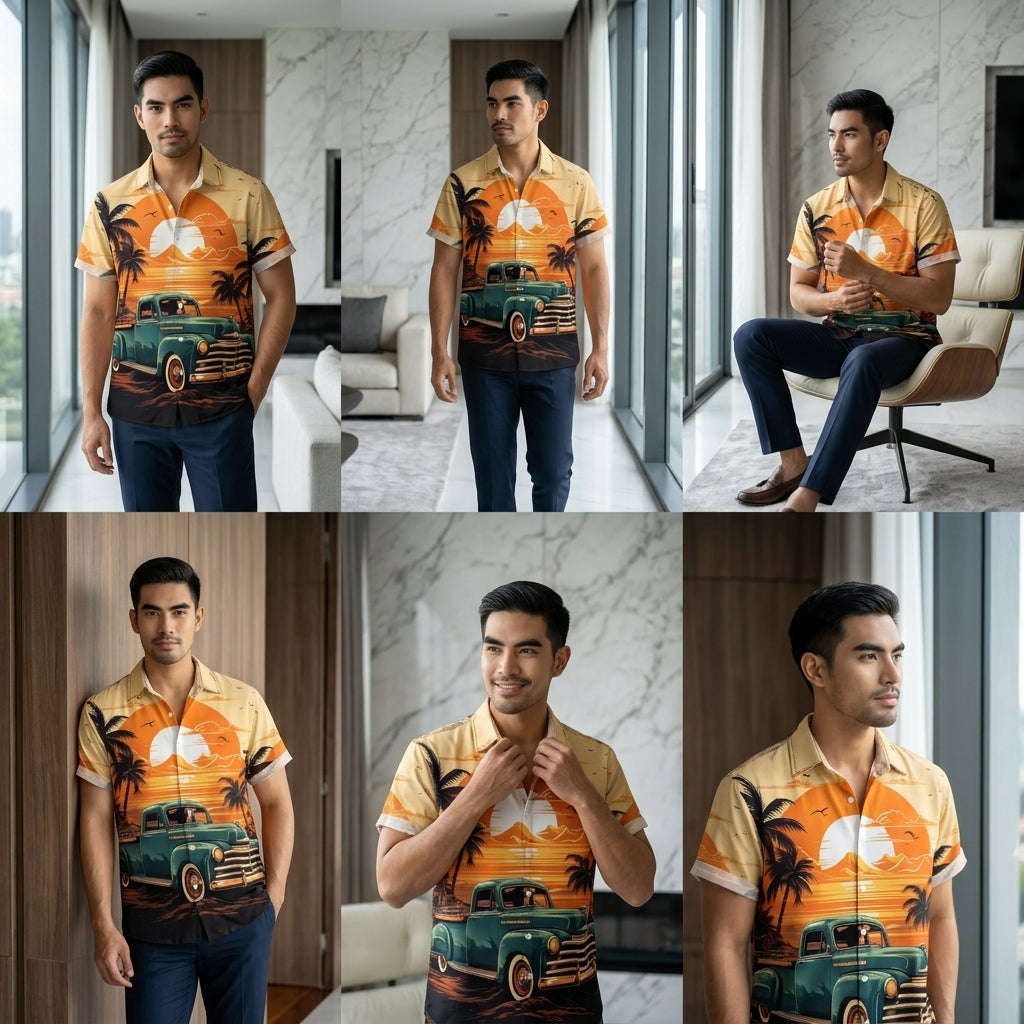 The Golden Era Edition Premium Men's 1970s-1980s Retro Pin-Up Hawaiian Shirt - High-Definition Vintage Poster Graphic Muscle Car Trousers Accent Shirt, Breathable Harajuku Streetwear Urban-Holiday Short-Sleeve Apparel