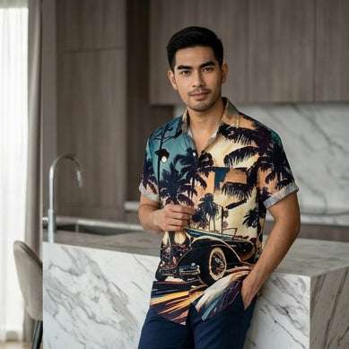The Golden Era Edition Premium Men's 1970s-1980s Retro Pin-Up Hawaiian Shirt - High-Definition Vintage Poster Graphic Muscle Car Trousers Accent Shirt, Breathable Harajuku Streetwear Urban-Holiday Short-Sleeve Apparel Thai Blessing Co By
