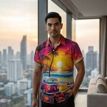 The Golden Era Edition Premium Men's 1970s-1980s Retro Pin-Up Hawaiian Shirt - High-Definition Vintage Poster Graphic Muscle Car Trousers Accent Shirt, Breathable Harajuku Streetwear Urban-Holiday Short-Sleeve Apparel Thai Blessing Co By