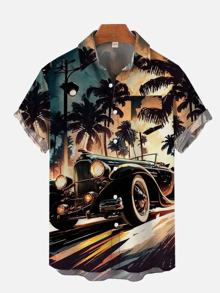 The Golden Era Edition Premium Men's 1970s-1980s Retro Pin-Up Hawaiian Shirt - High-Definition Vintage Poster Graphic Muscle Car Trousers Accent Shirt, Breathable Harajuku Streetwear Urban-Holiday Short-Sleeve Apparel CSZHD20242215F
