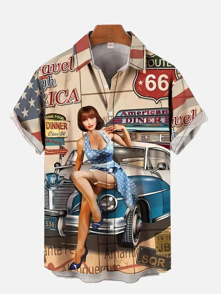 The Golden Era Edition Premium Men's 1970s-1980s Retro Pin-Up Hawaiian Shirt - High-Definition Vintage Poster Graphic Muscle Car Trousers Accent Shirt, Breathable Harajuku Streetwear Urban-Holiday Short-Sleeve Apparel
