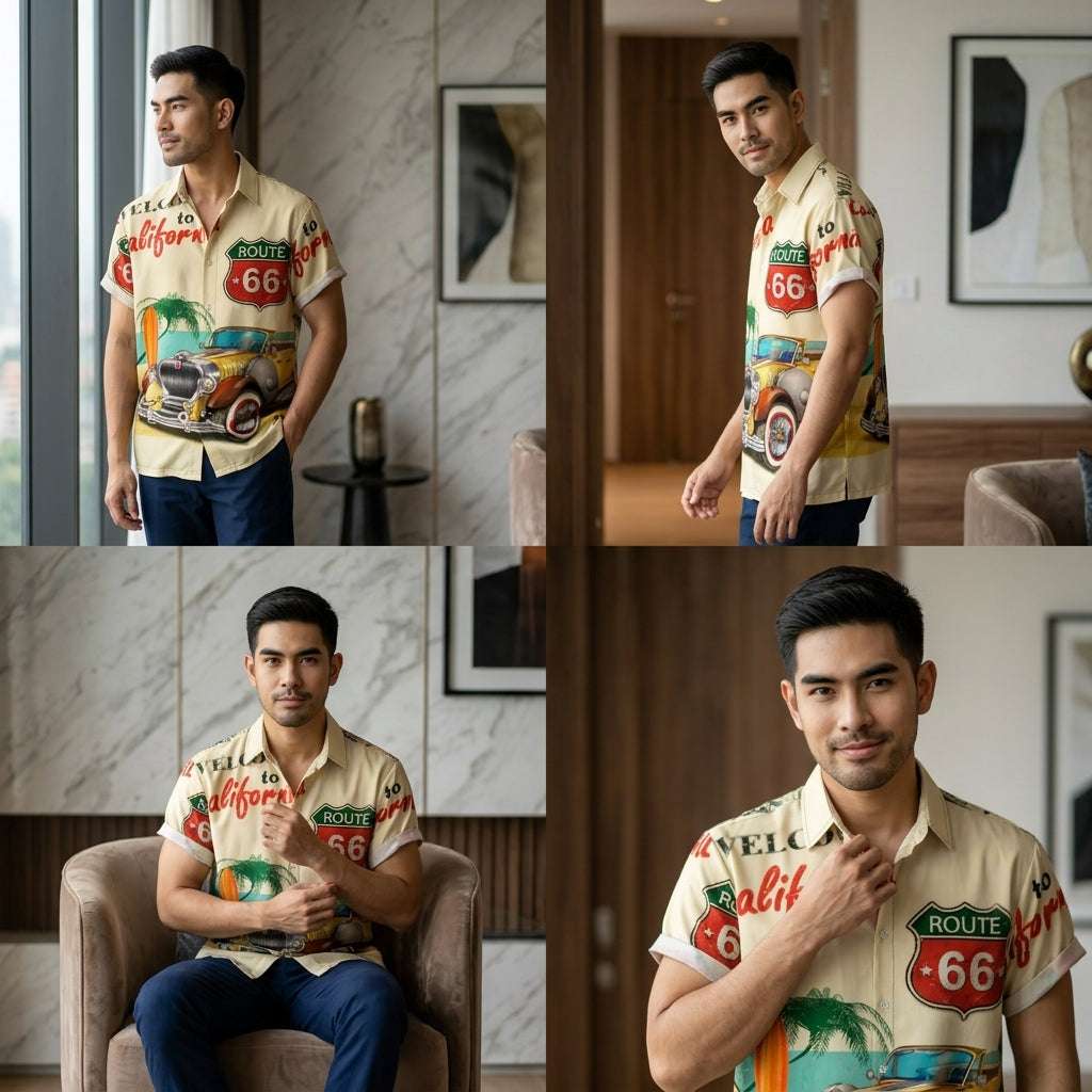 The Golden Era Edition Premium Men's 1970s-1980s Retro Pin-Up Hawaiian Shirt - High-Definition Vintage Poster Graphic Muscle Car Trousers Accent Shirt, Breathable Harajuku Streetwear Urban-Holiday Short-Sleeve Apparel Thai Blessing Co By